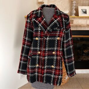 BlankNYC Tweed and Tartan Plaid Prep School Blazer Gold Buttons Size M